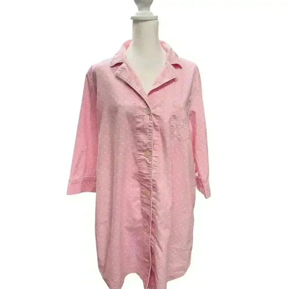 Lauren by Ralph Lauren Cotton Pink with White Polkadot Sleep Button Down Shirt L - Picture 5 of 10